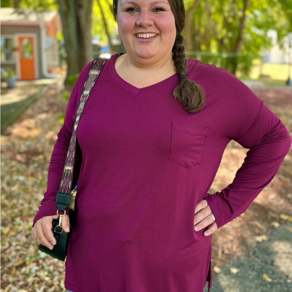 Red Wine Long Sleeve V-Neck Top